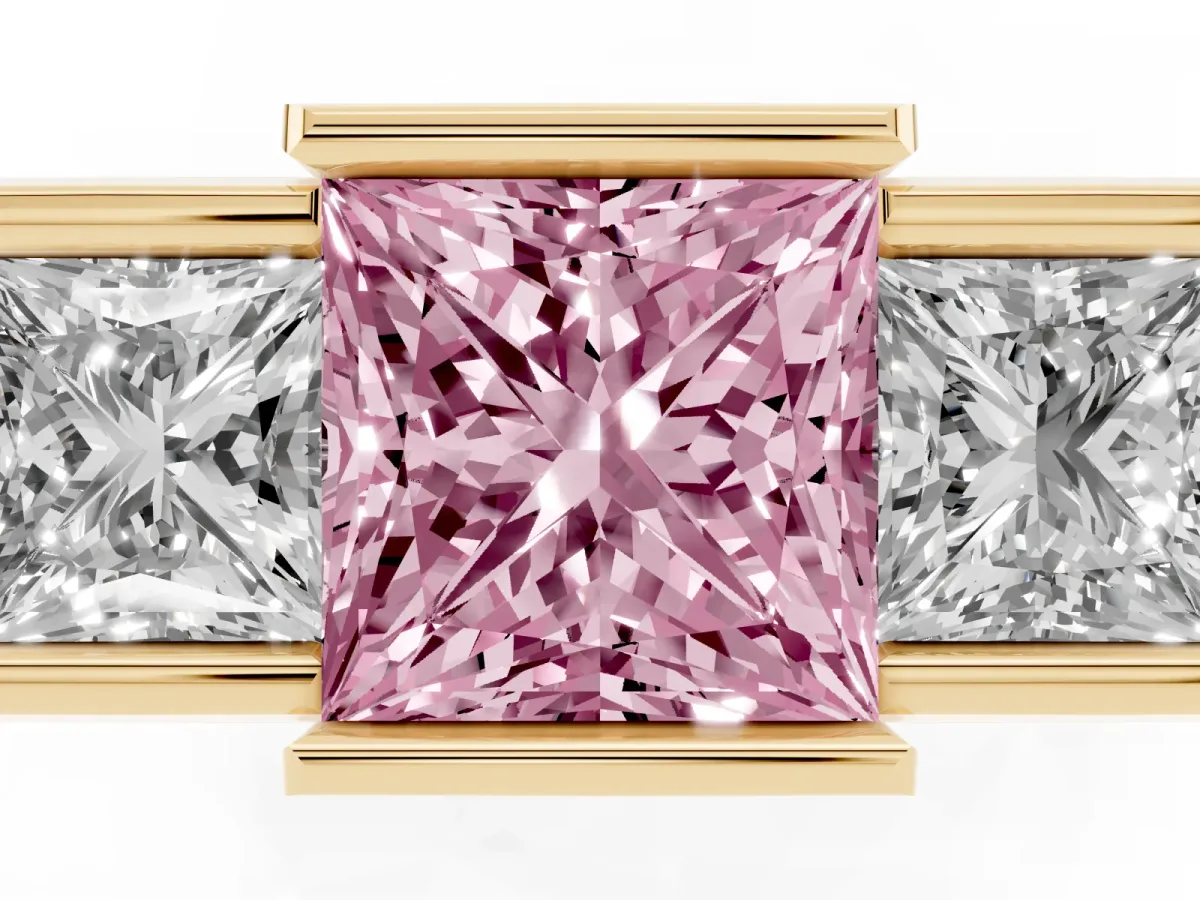 Fancy Pink Three Stone Princess Cut Cut Channel Set Diamond Ring Yellow gold