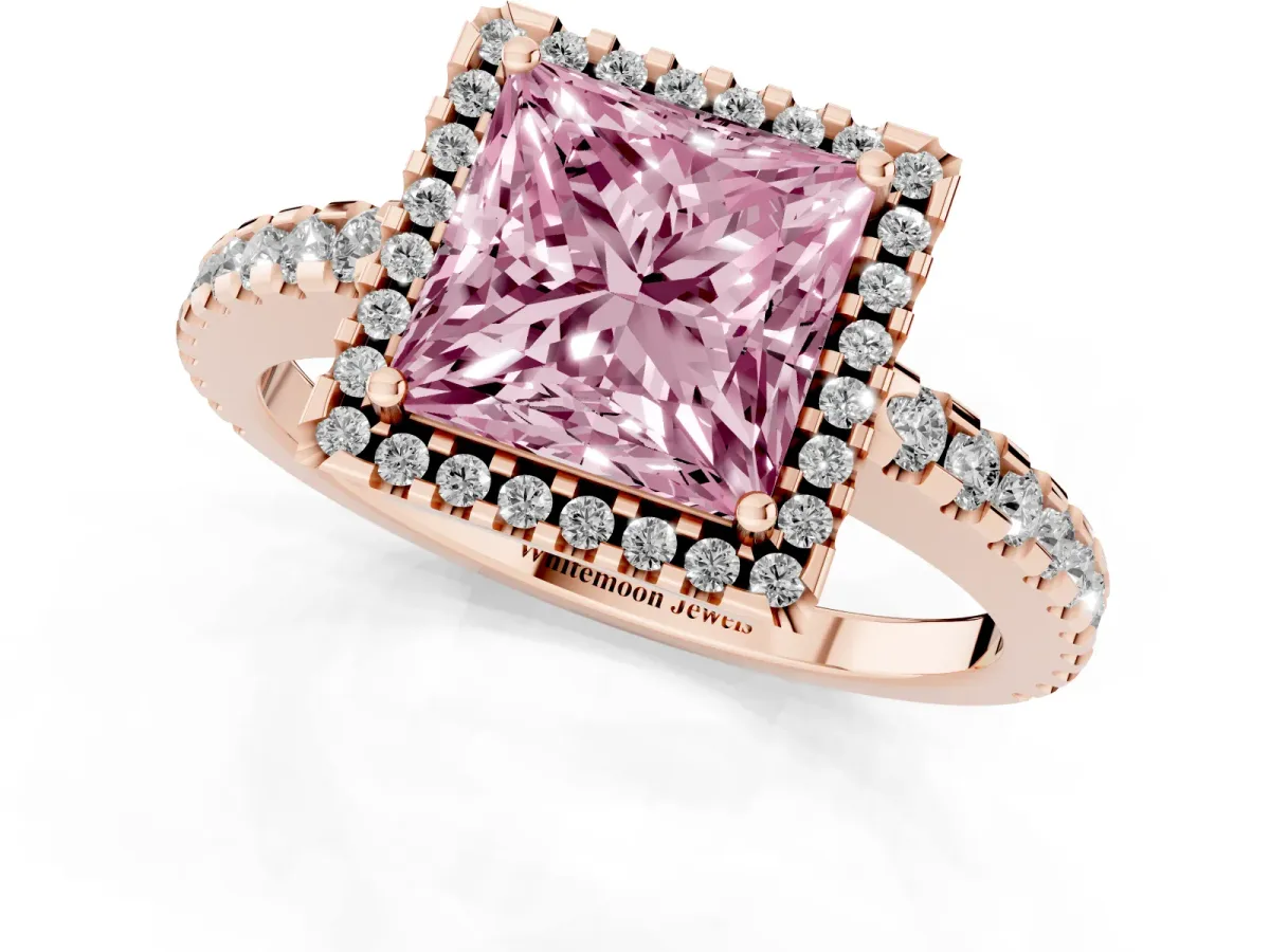 Fancy Pink Princess Cut Diamond Halo Engagement Ring with Pavé Band and Prong Setting Rose gold