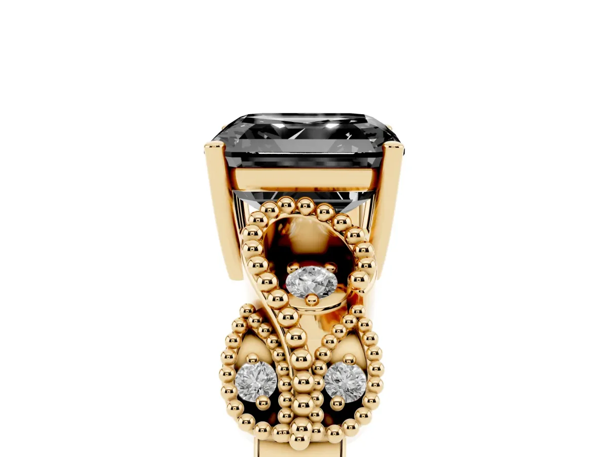 Fancy Black Asscher Cut Solitaire Milgrain Leaf Band with Prong Setting Yellow gold