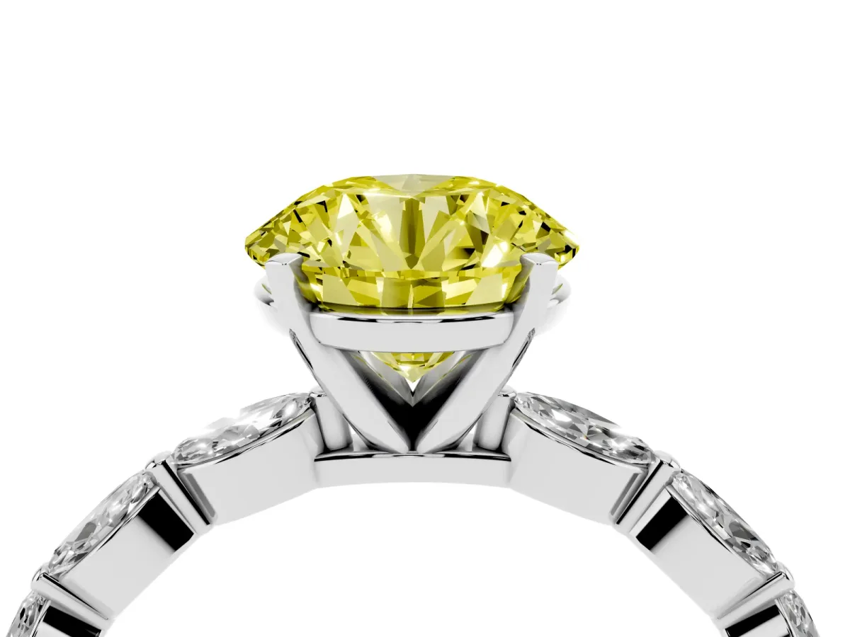 Fancy Yellow Round Cut Diamond Ring with Marquise Side Stones and Prong Setting Silver