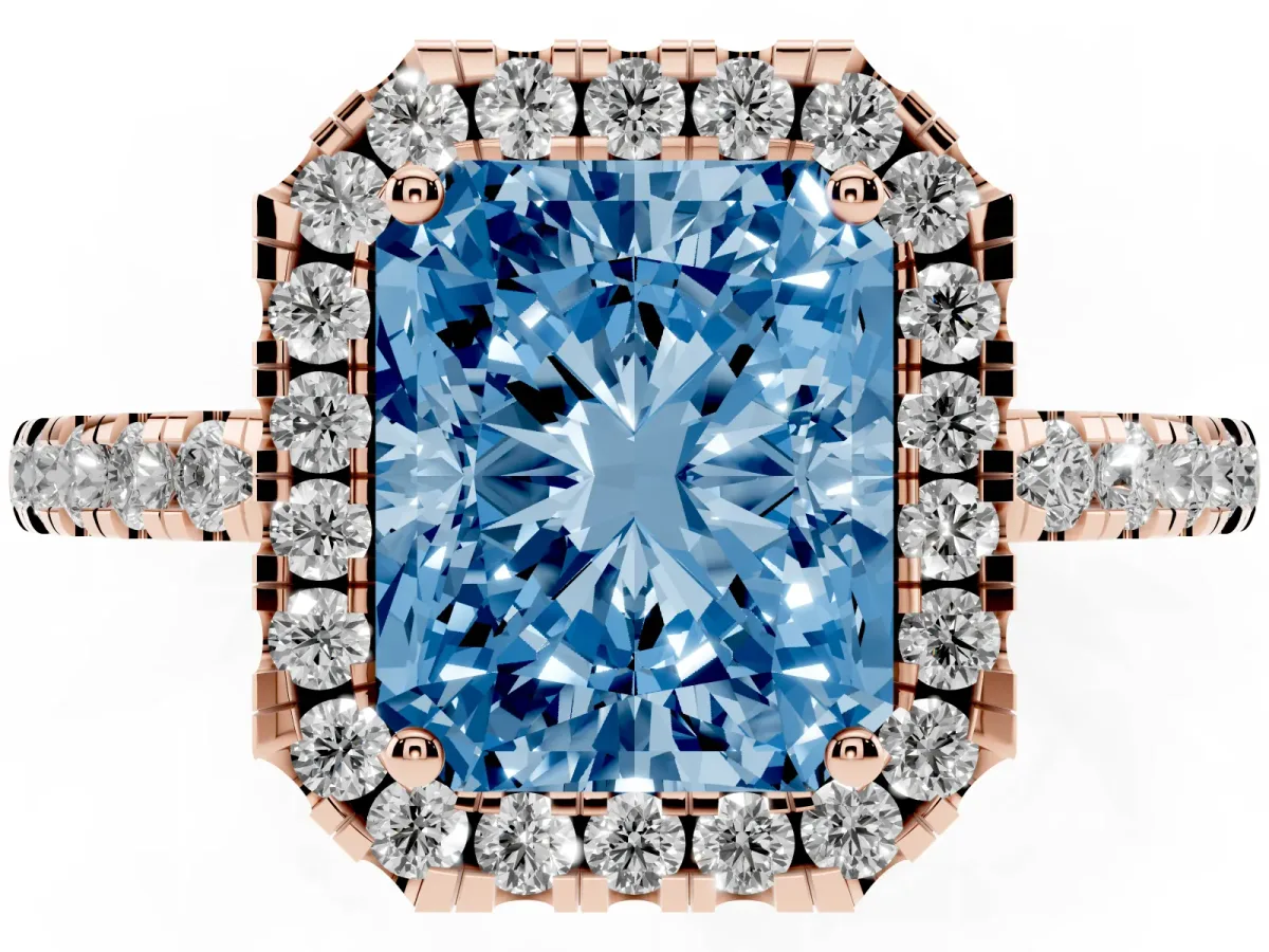 Fancy Blue Radiant Cut Halo Diamond Engagement Ring with Pavé Band and Four-Prong Setting Rose gold