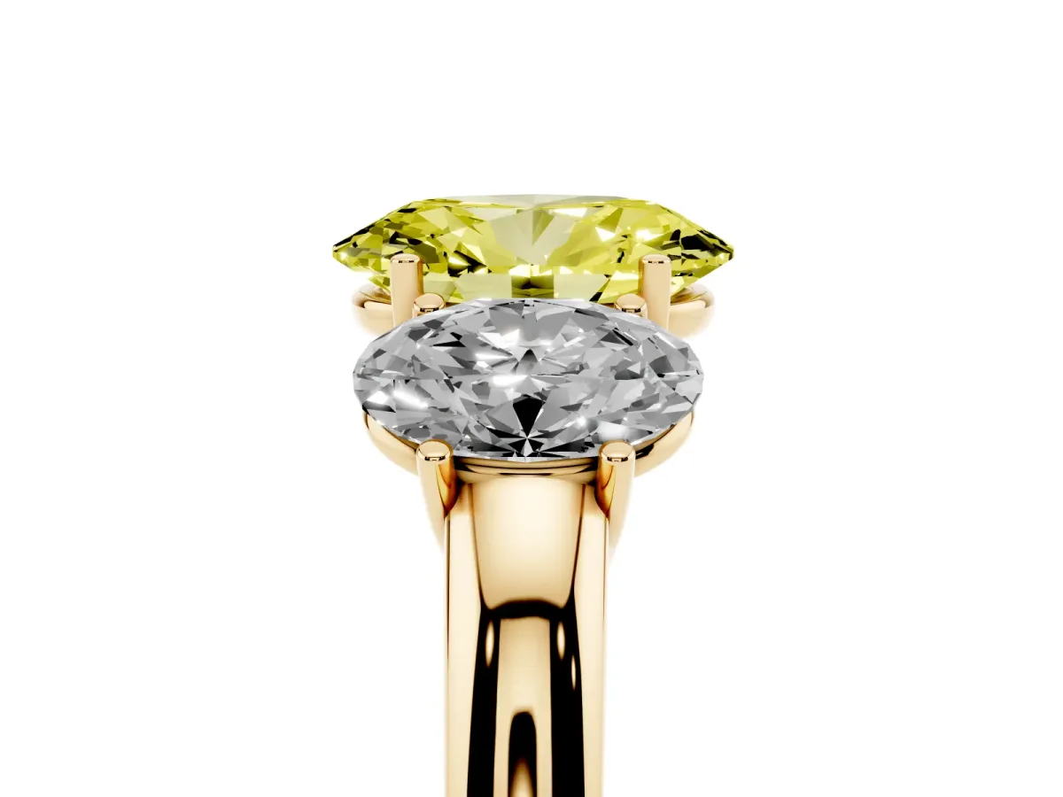 Fancy Yellow Oval Cut Diamond Three-Stone Ring with Four-Prong Setting and Classic Band Yellow gold