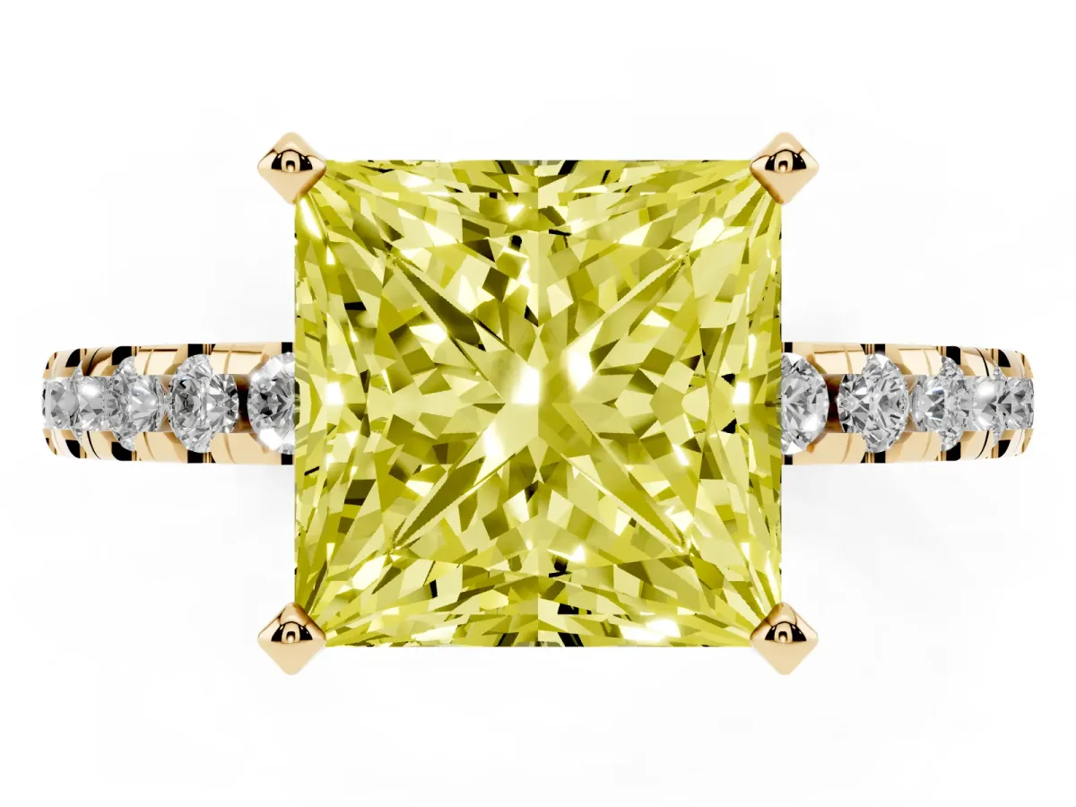 Fancy Yellow Princess Cut Diamond Solitaire Ring with Round Pavé Band and Four-Prong Setting Yellow gold