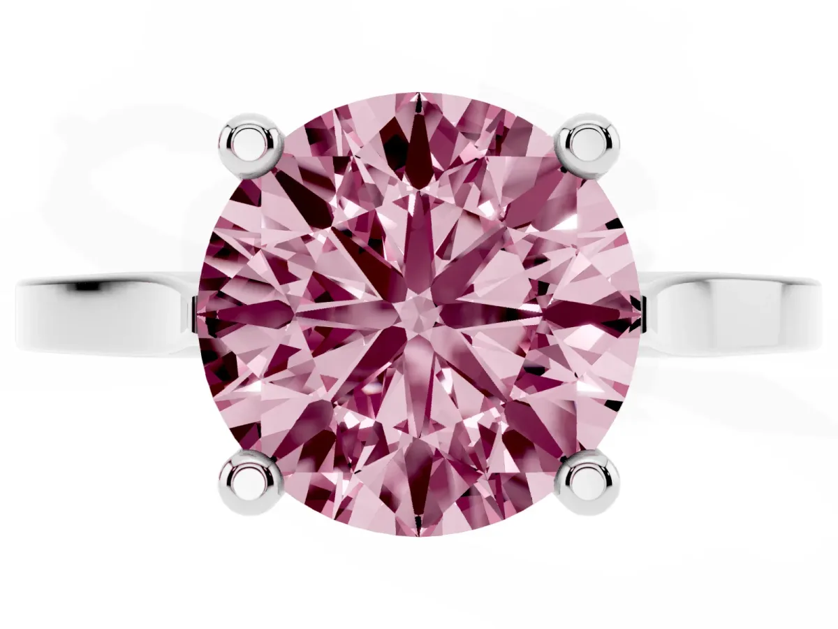 Fancy Pink Round Cut Solitaire Diamond Ring with Four-Prong Setting and Tapered Band Platinum