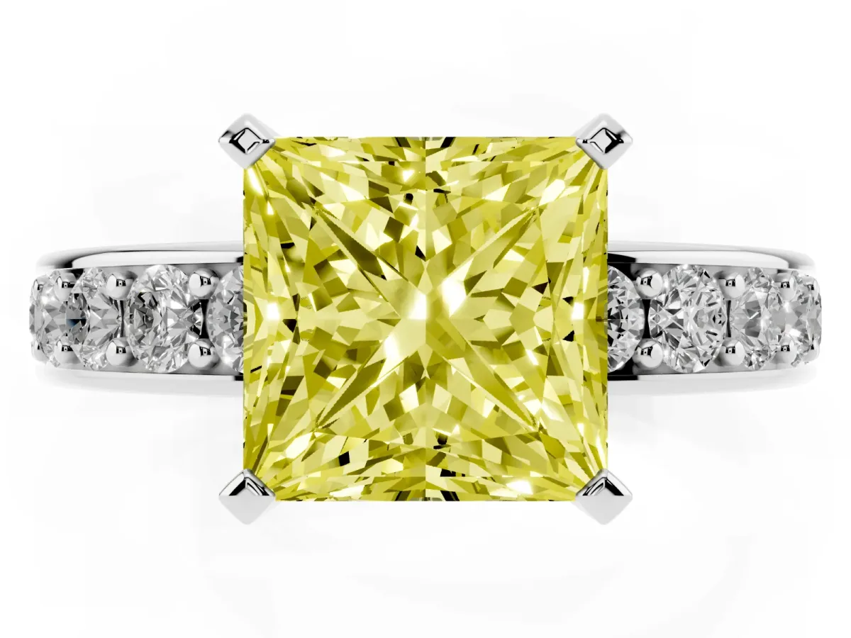 Fancy Yellow Princess Cut Diamond Engagement Ring with Channel Set Round Band and Prong Setting Platinum