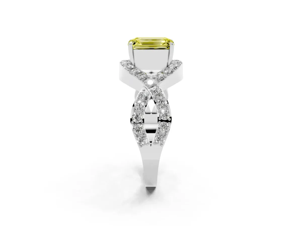 Fancy Yellow Emerald Cut Solitaire Twist Band Pavé Diamond Engagement Ring Silver