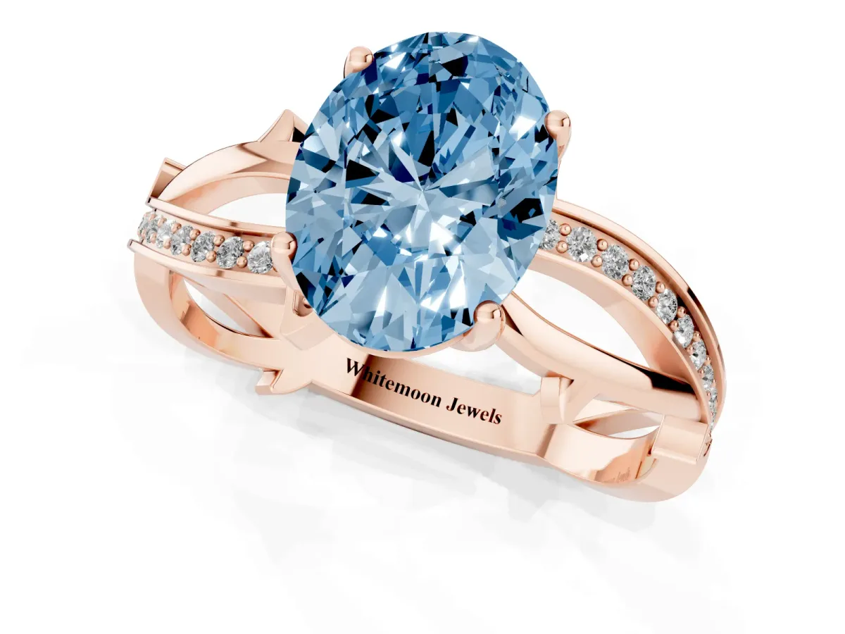 Fancy Blue Oval Cut Solitaire Twist Band with Pavé Accents and Four-Prong Setting Rose gold