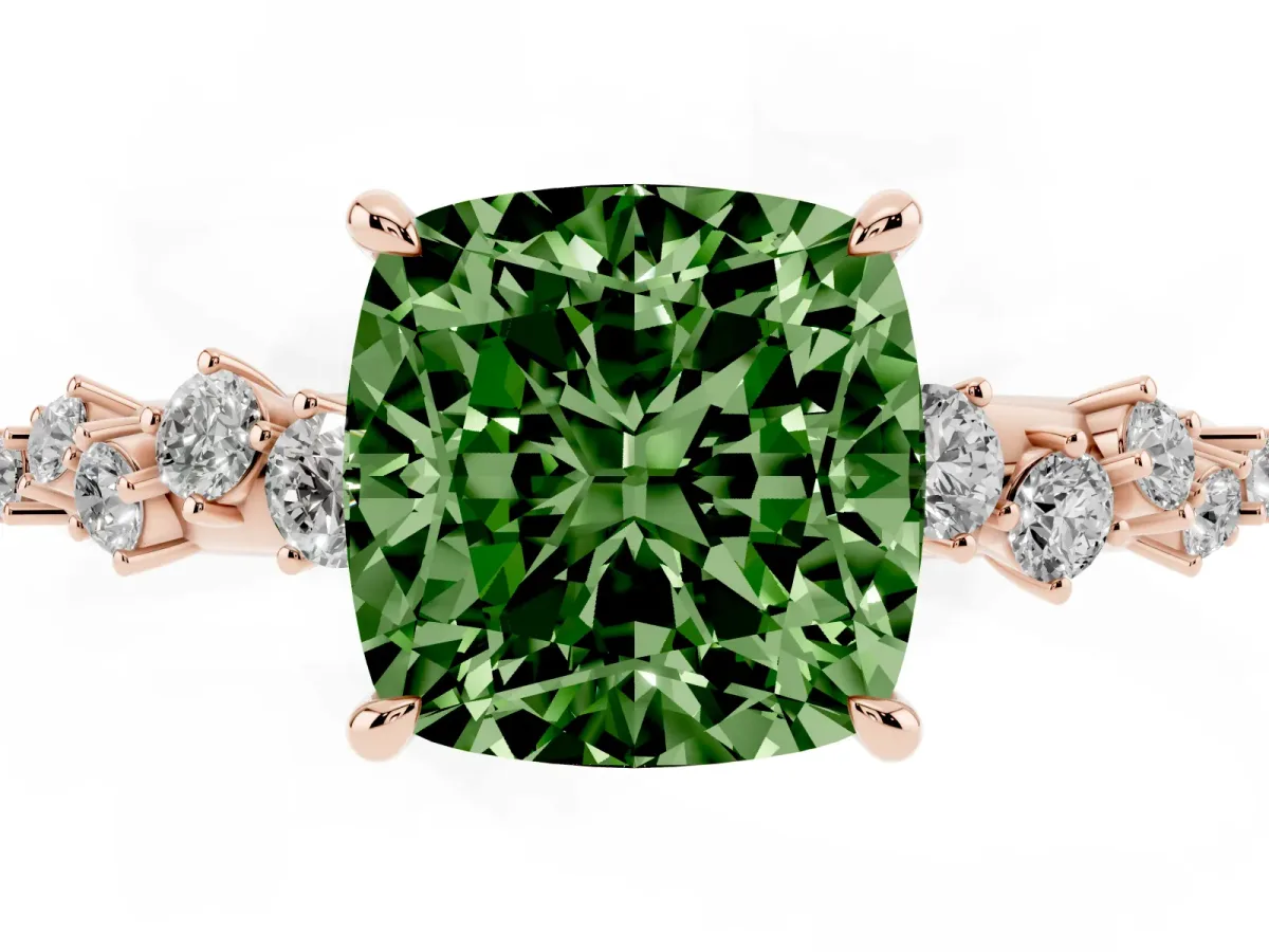 Fancy Green Cushion Cut Diamond Cluster Side Stone Solitaire Ring with Prong Setting Rose gold