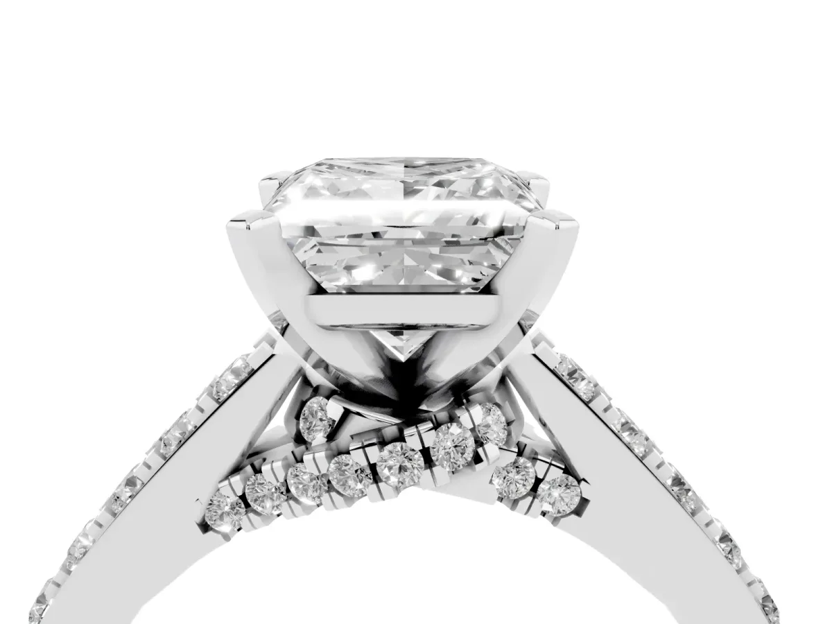 Princess Cut Diamond Solitaire Ring with Crossover Gallery and Round Pavé Band Silver