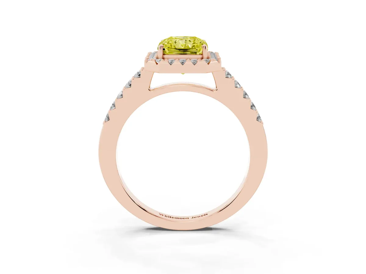 Fancy Yellow Radiant Cut Halo Diamond Pavé Solitaire Ring Rose gold
