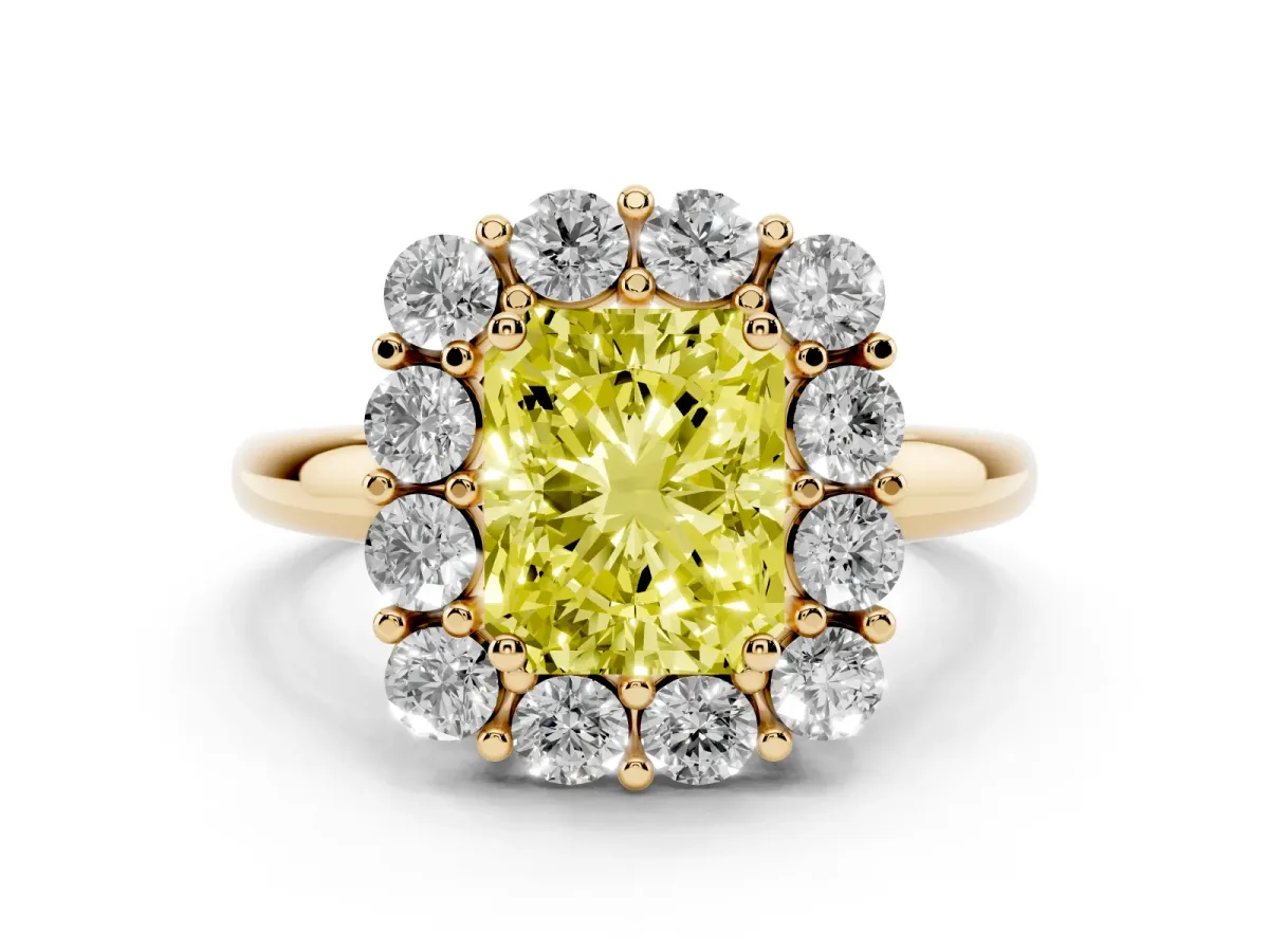 Fancy Yellow Radiant Cut Halo Cluster Diamond Engagement Ring with Prong Setting and Polished Band Yellow gold