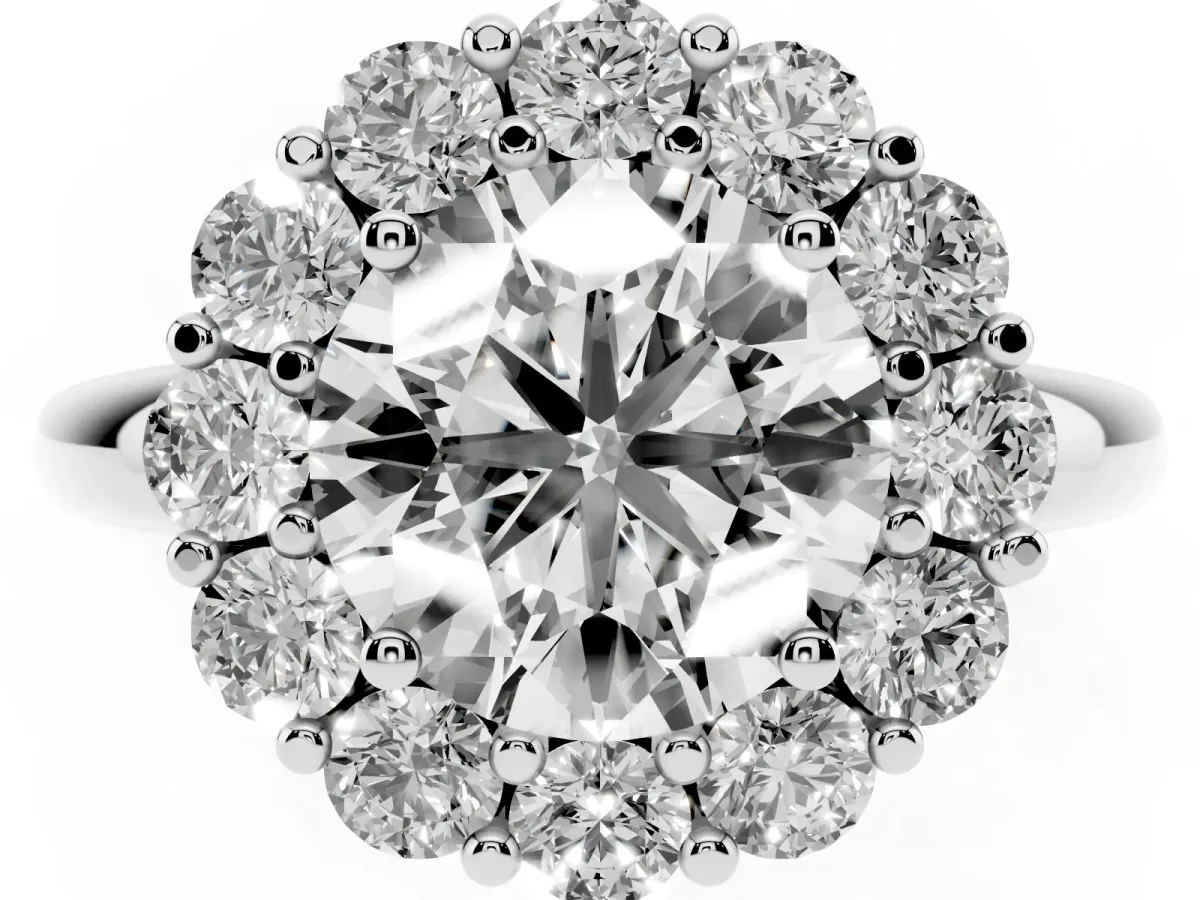 Round Cut Halo Cluster Diamond Engagement Ring with Prong Setting and Polished Band Silver