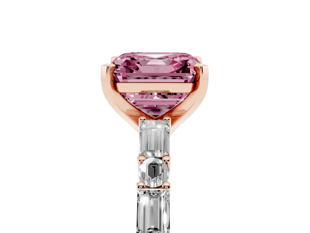 Fancy Pink Asscher Cut Diamond Solitaire with Side Baguettes and Channel Set Band Rose gold