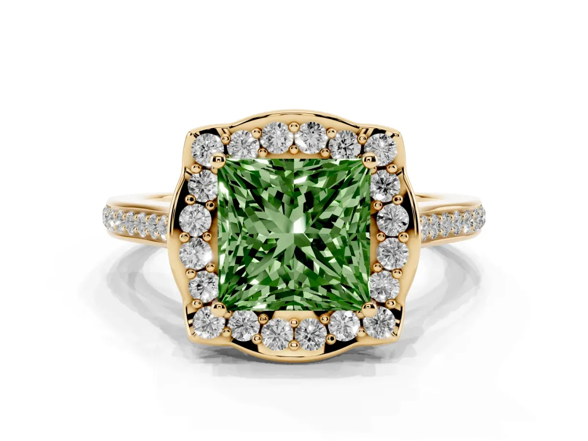 Fancy Green Princess Cut Halo Round Diamond Pave Band with Four-Prong Setting Yellow gold