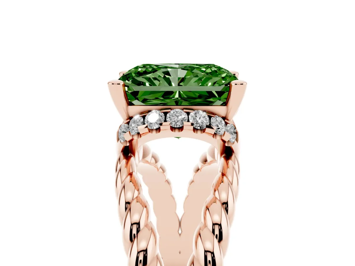 Fancy Green Radiant Cut Halo Twisted Band Four-Prong Ring Rose gold