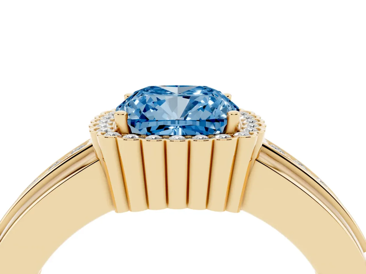 Fancy Blue Cushion Cut Cut Halo Pave Band Four-Prong Ring Yellow gold