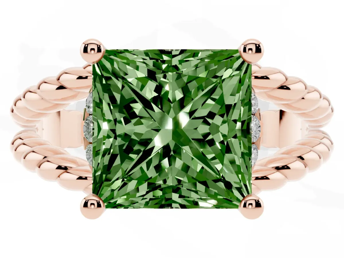 Fancy Green Princess Cut Halo Twisted Band Four-Prong Ring Rose gold