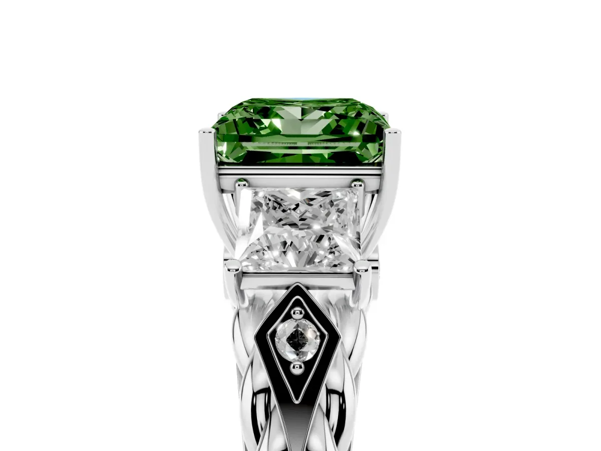 Fancy Green Three-Stone Princess Cut Diamond Braided Band Ring with Four-Prong Setting Silver
