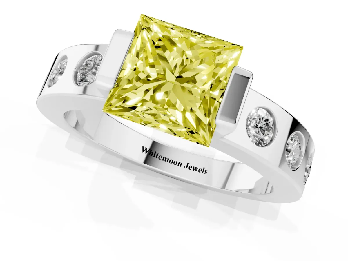 Fancy Yellow Princess Cut Brilliant Channel-Set Diamond Ring with Bezel Prong Setting Silver