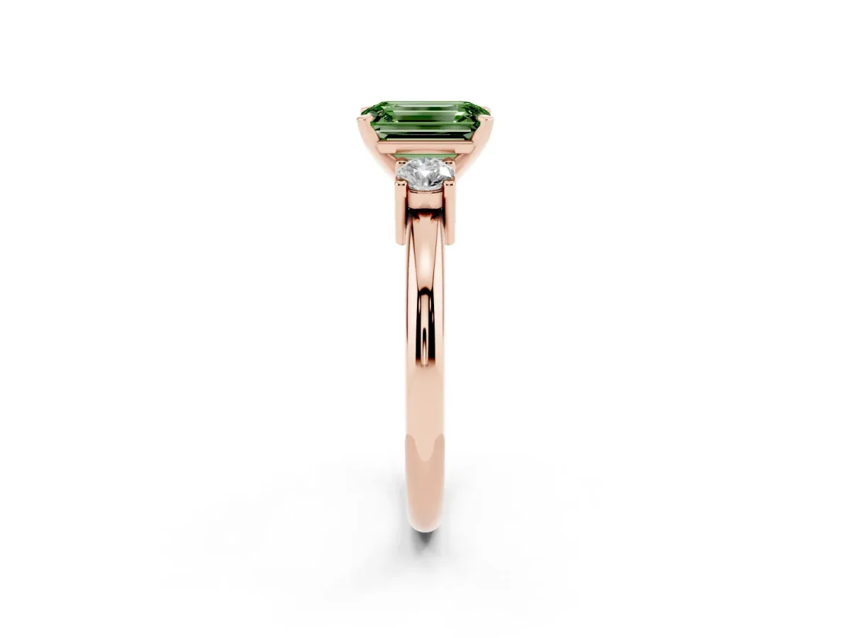 Fancy Green Three-Stone Emerald Cut Cut Diamond Solitaire with Prong Setting and Classic Band Rose gold