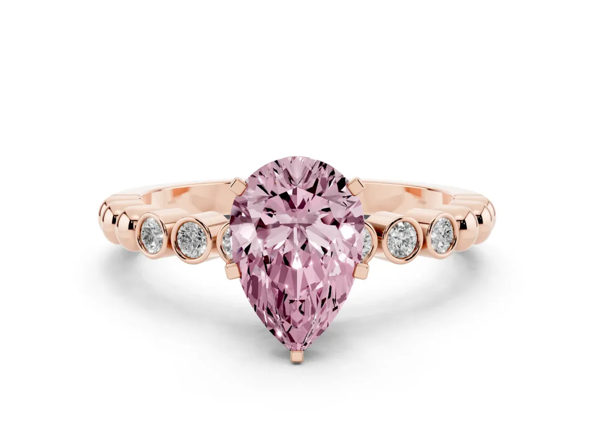 Fancy Pink Pear Cut Solitaire Bezel Accent Diamond Engagement Ring with Beaded Band and Four-Prong Setting Rose gold
