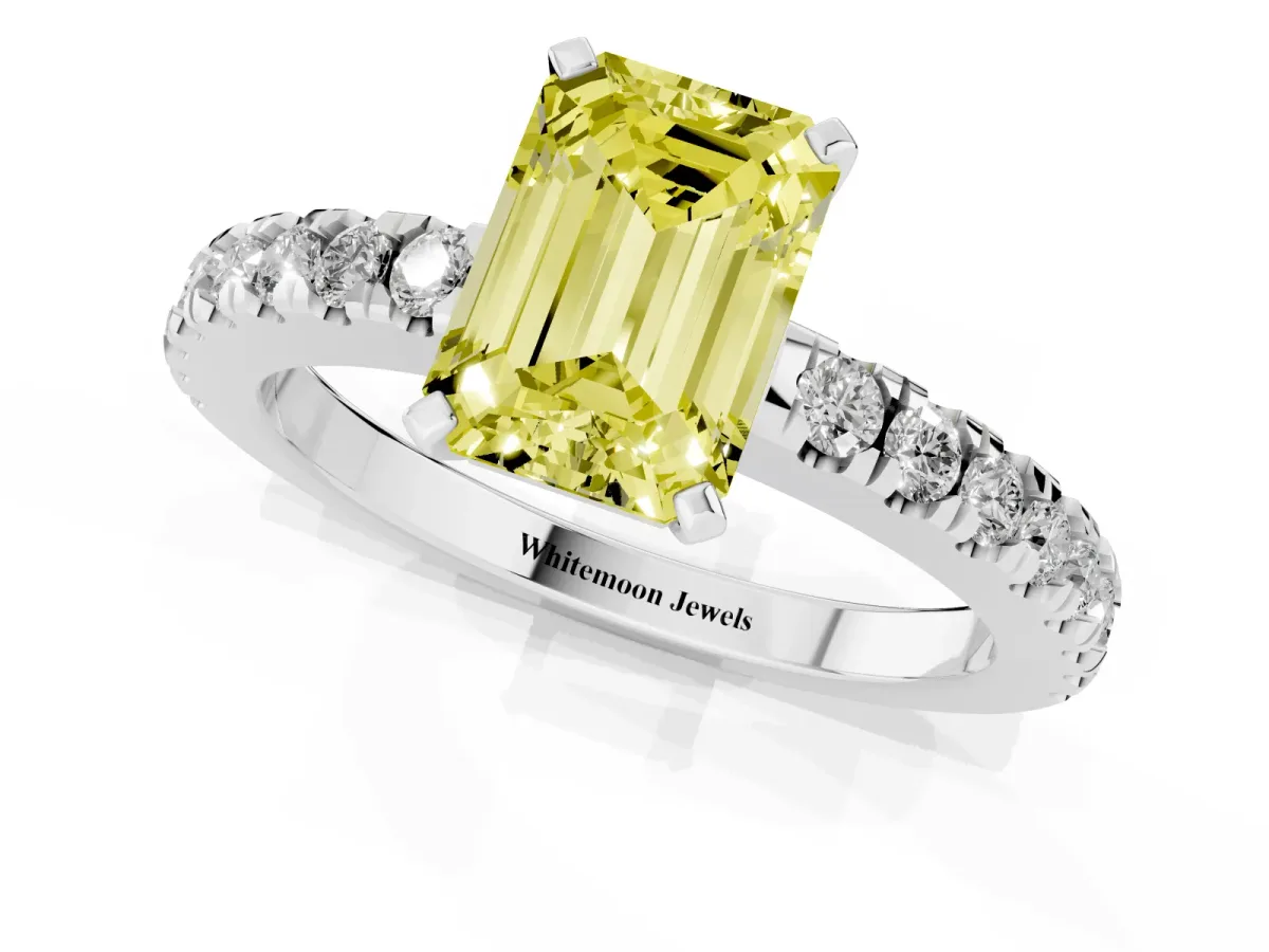 Fancy Yellow Emerald Cut Solitaire Diamond with Pavé Band and Four-Prong Setting Silver