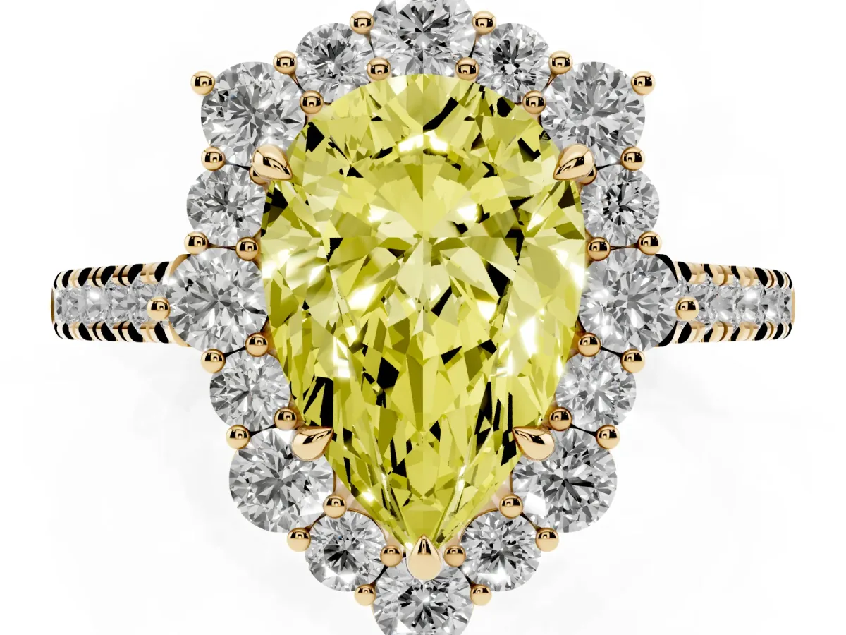 Fancy Yellow Pear Cut Halo Diamond Ring with Pavé Band and Prong Setting Yellow gold
