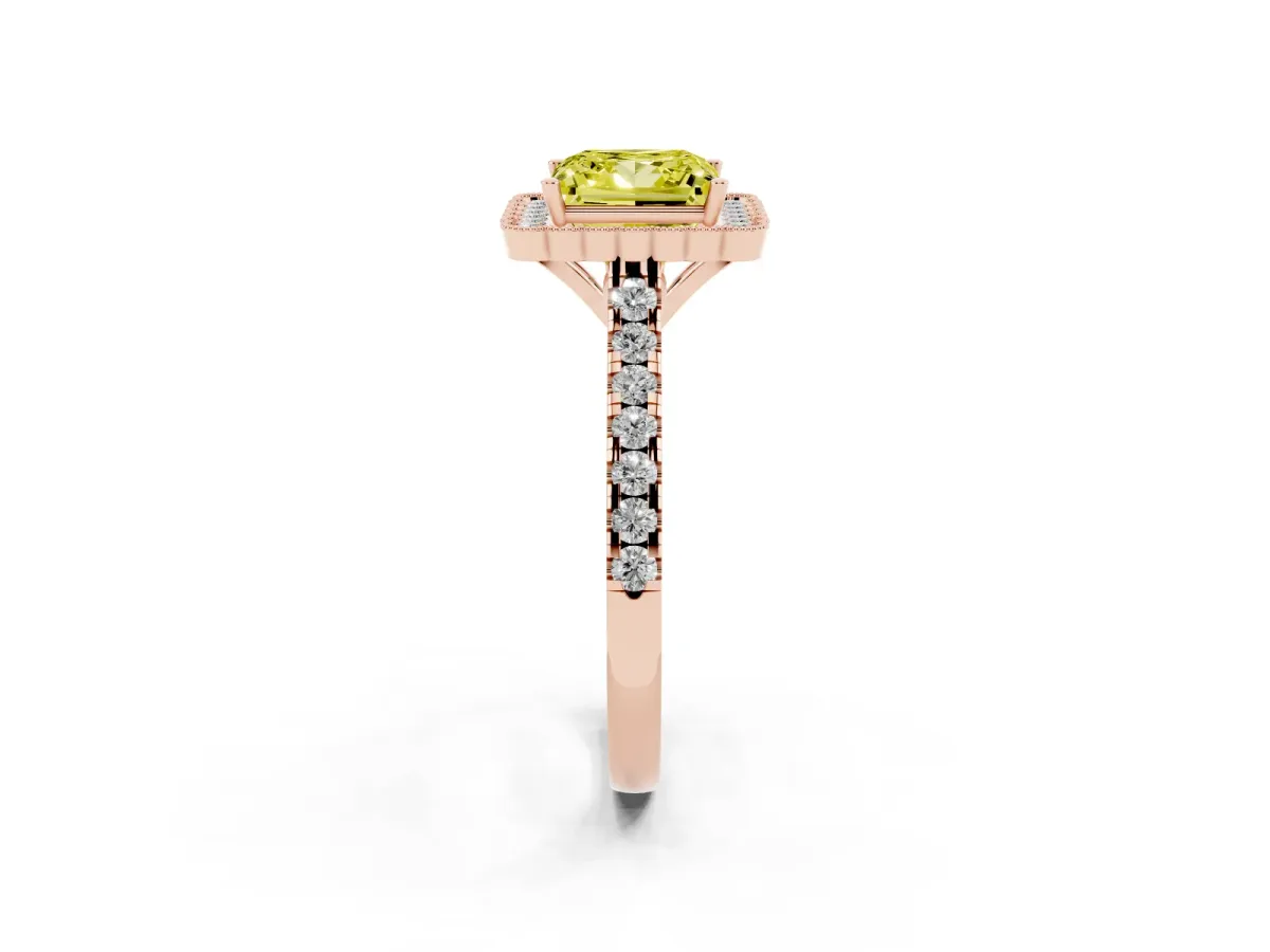 Fancy Yellow Princess Cut Cut Diamond Milgrain Floral Halo Engagement Ring with Pavé Band Rose gold
