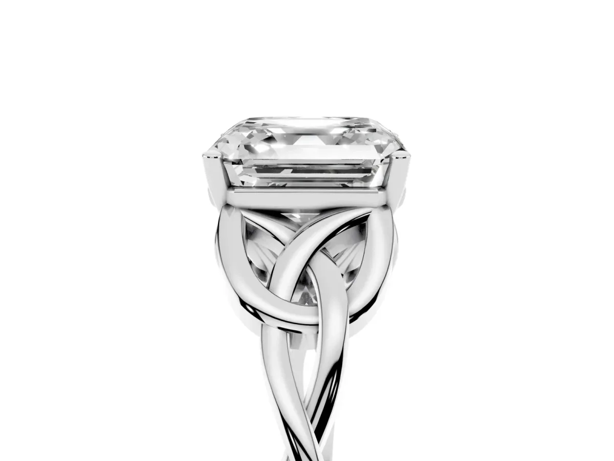 Asscher Cut Diamond Solitaire Engagement Ring with Celtic Knot Band and Four-Prong Setting Platinum