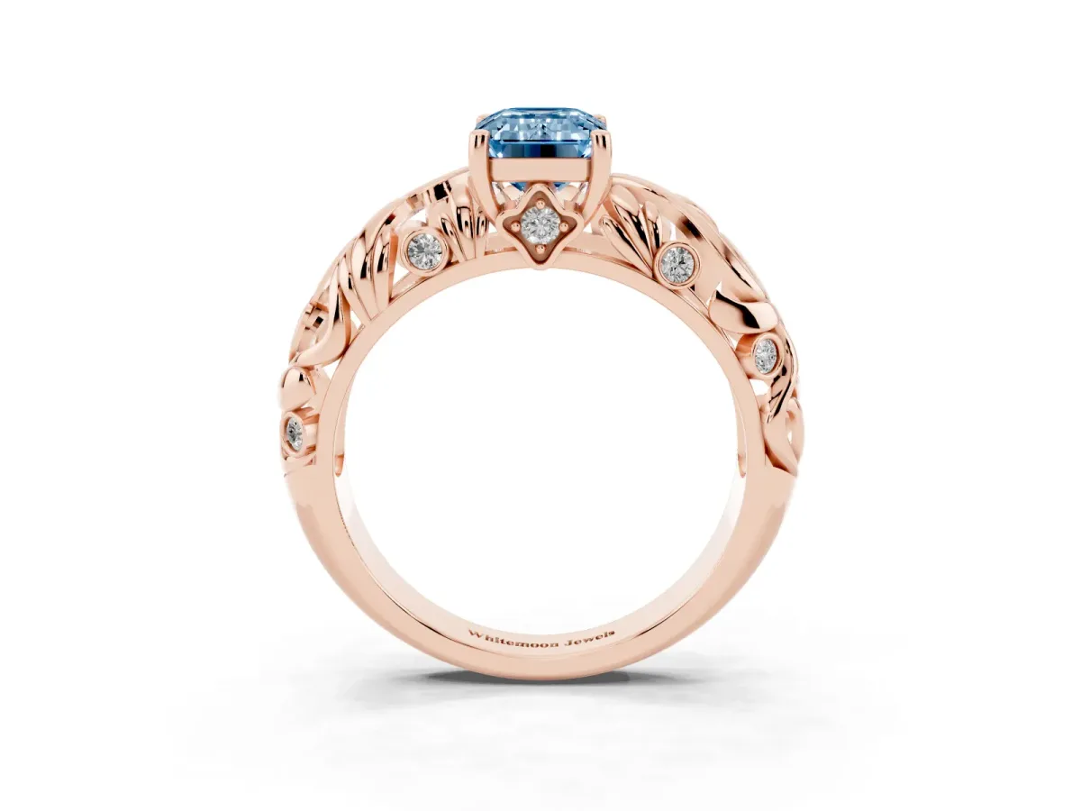 Fancy Blue Emerald Cut Solitaire Diamond Leaf-Inspired Vine Band Ring with Prong Setting Rose gold