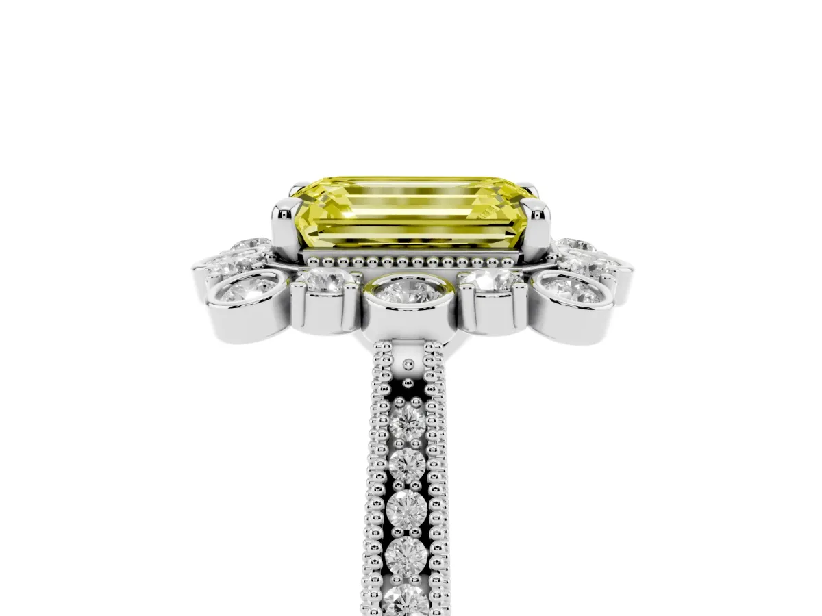 Fancy Yellow Emerald Cut Halo Milgrain Pave Diamond Ring with Four-Prong Setting Silver