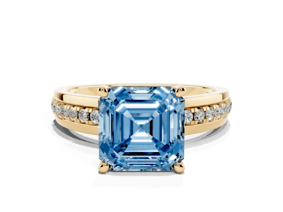 Fancy Blue Asscher Cut Solitaire Diamond Ring with Channel Set Band and Six-Prong Setting Yellow gold