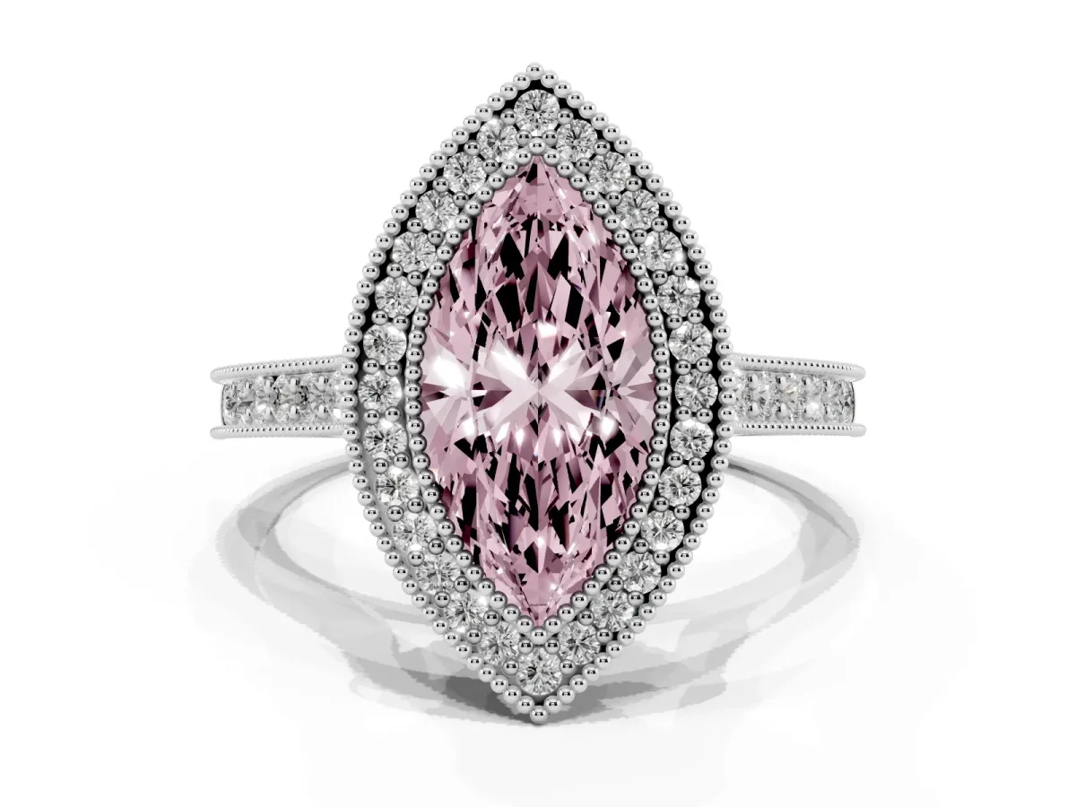 Fancy Pink Halo Marquise Cut-Cut Diamond Pave Band Milgrain Prong Setting Ring Silver