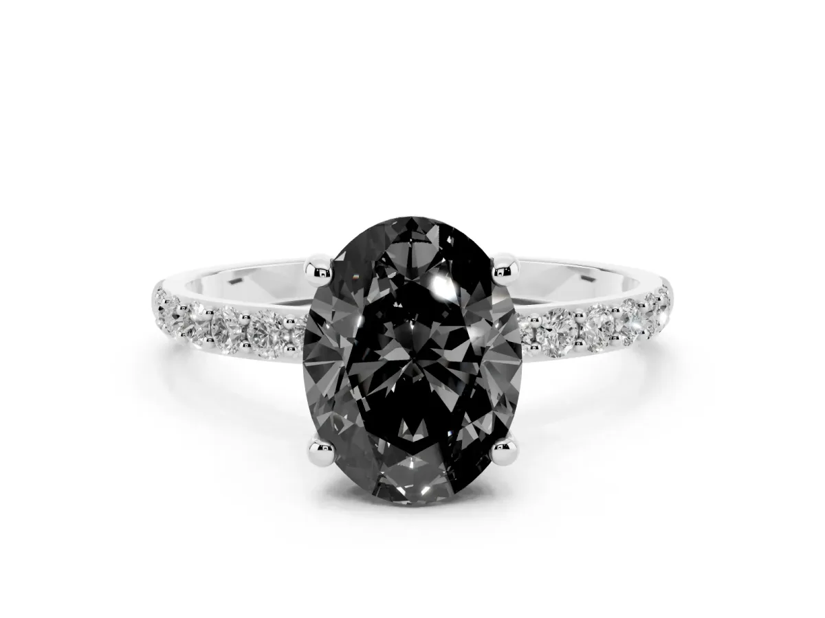 Fancy Black Oval Cut Diamond Solitaire Ring with Round Pavé Band and Prong Setting Silver