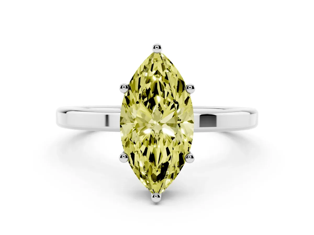 Fancy Yellow Marquise Cut Cut Solitaire Engagement Ring with Four-Prong Setting on a Classic Band Platinum