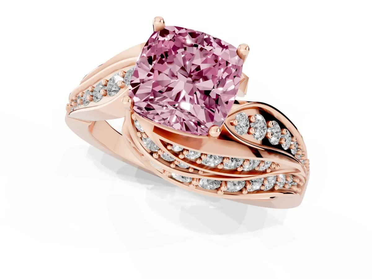 Fancy Pink Cushion Cut Diamond Solitaire Ring with Prong Setting and Twisted Pavé Band Rose gold