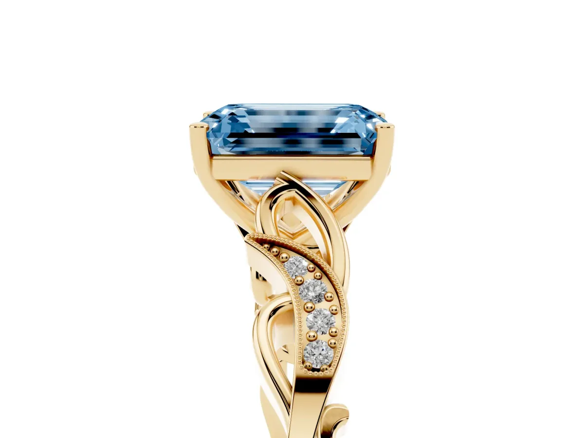 Fancy Blue Emerald Cut Solitaire Vine Band with Milgrain Prong Setting Yellow gold