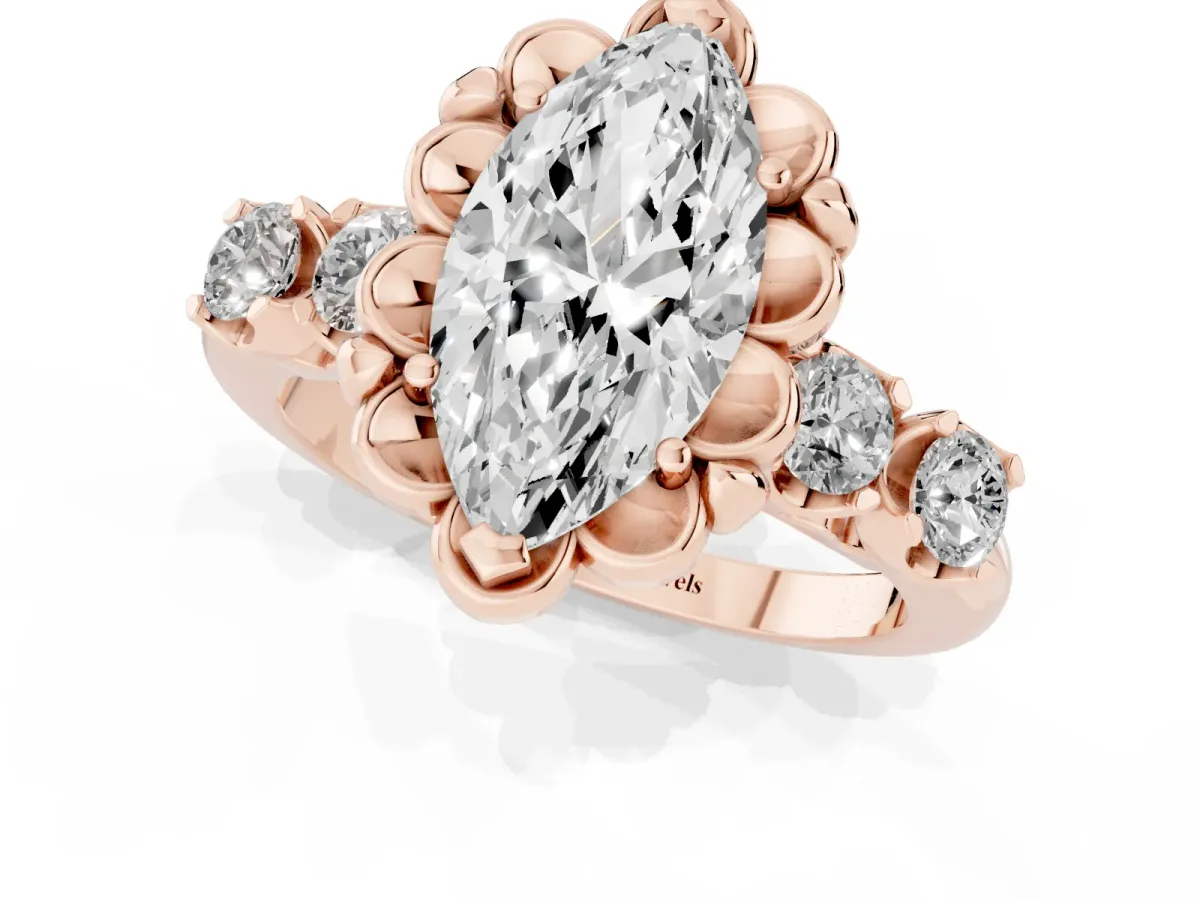 Marquise Cut Cut Diamond Floral Halo Engagement Ring with Shared Prong Setting Rose gold
