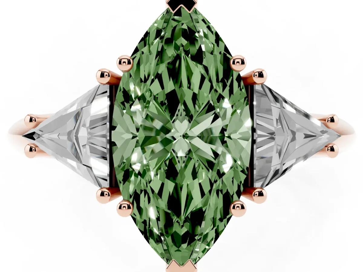 Fancy Green Three-Stone Marquise Cut Diamond Engagement Ring with Trillion Side Stones and Prong Setting Rose gold