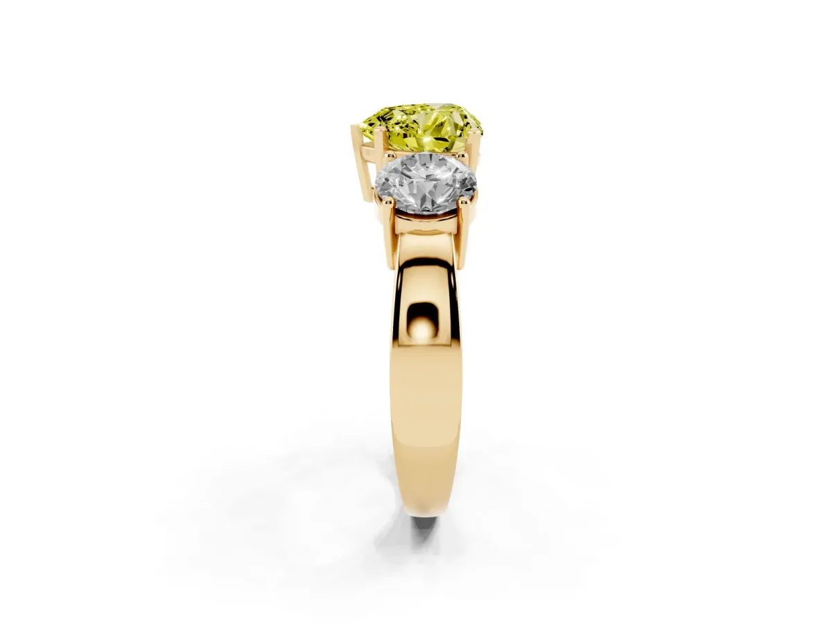 Fancy Yellow Three-Stone Heart Cut Diamond Ring with Round Side Stones, Classic Band, and Four-Prong Setting Yellow gold