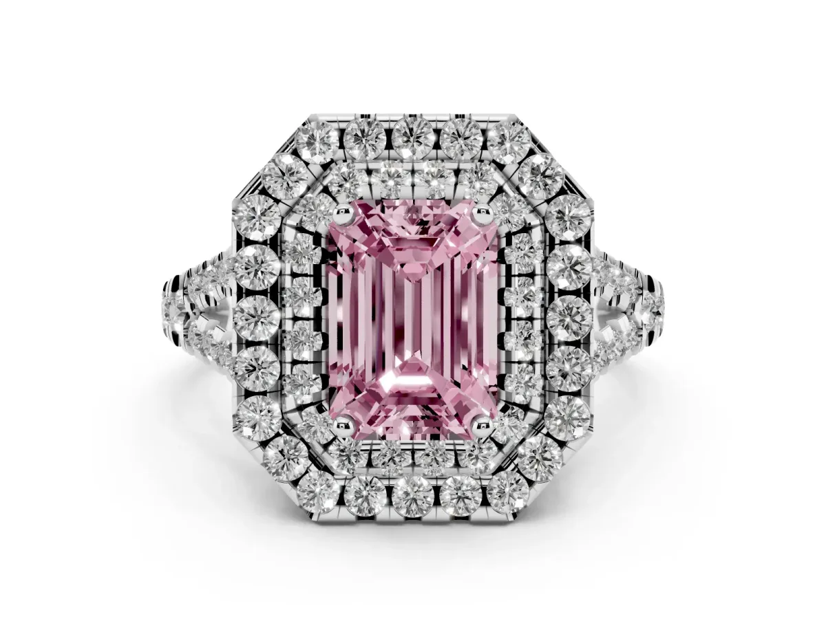 Fancy Pink Double Halo Emerald Cut Diamond Pavé Split Shank Ring with Prong Setting White gold