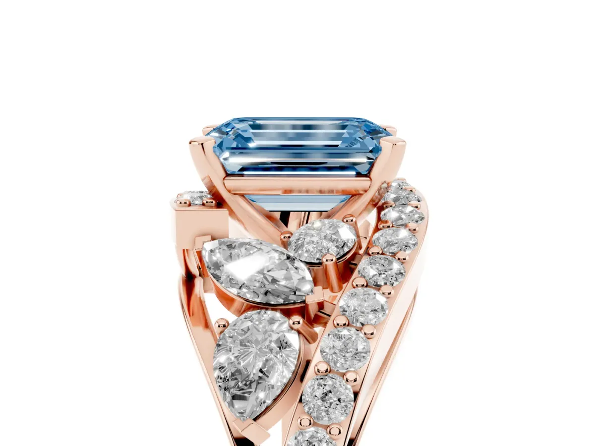 Fancy Blue Emerald Cut Diamond Halo Ring with Marquise and Pavé Band in Prong Setting Rose gold