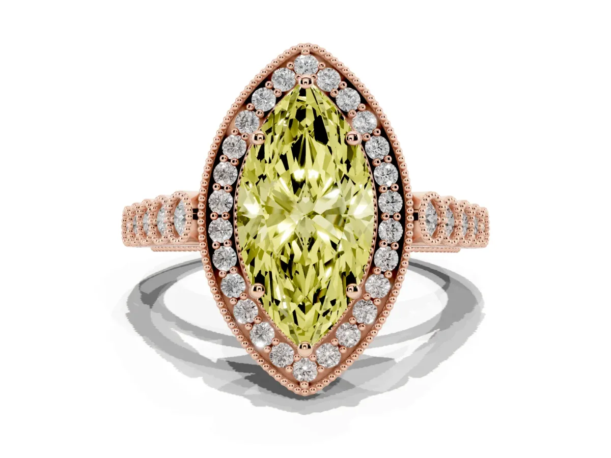 Fancy Yellow Marquise Cut Halo Milgrain Solitaire with Bezel Set Side Stones and Pave Band Rose gold