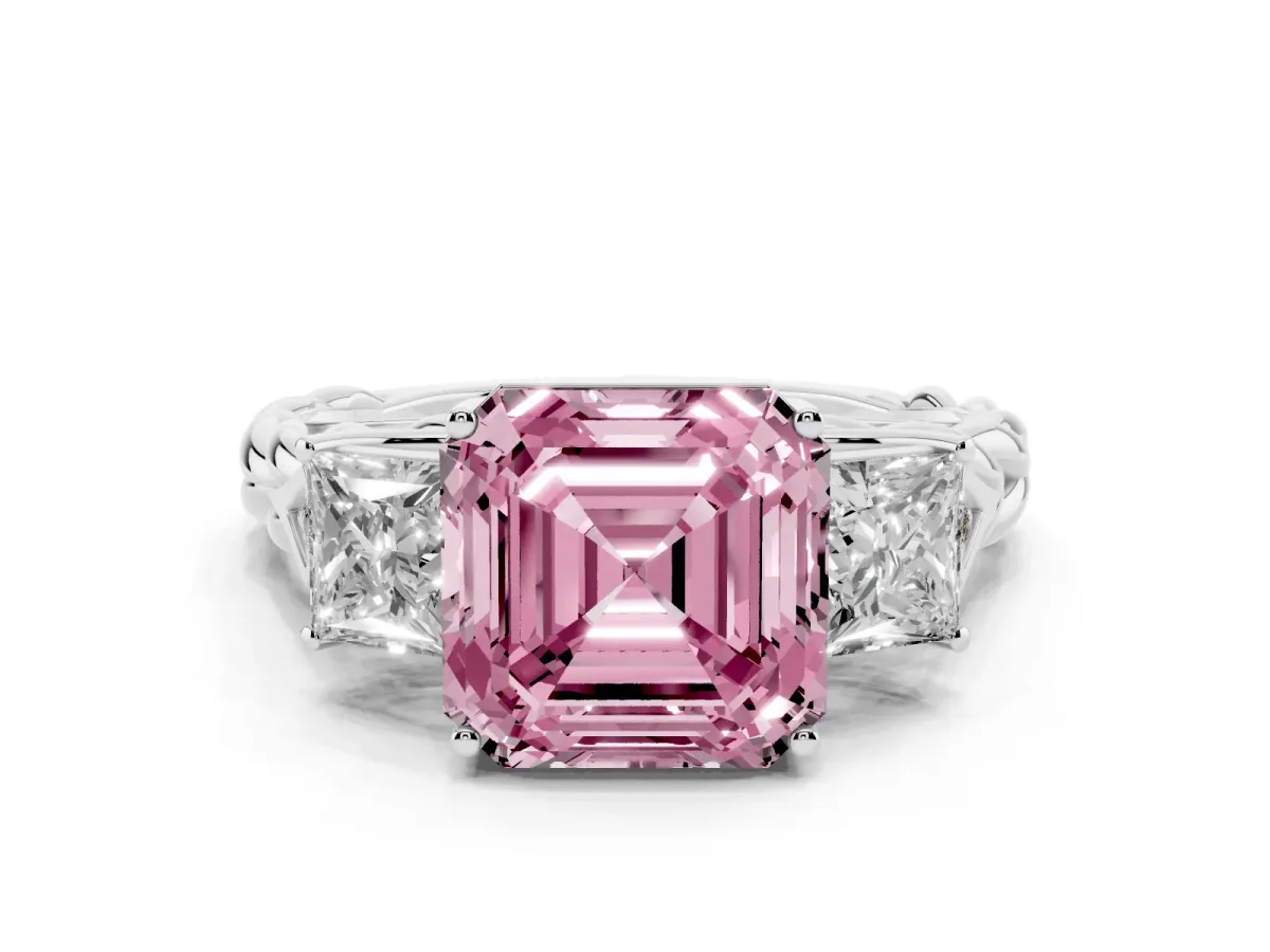 Fancy Pink Three-Stone Asscher Cut Diamond Braided Band Ring with Four-Prong Setting Platinum