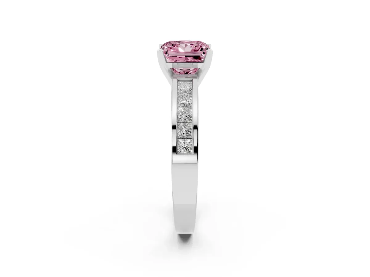 Fancy Pink Princess Cut Solitaire Diamond Ring with Channel-Set Band and Four-Prong Setting White gold