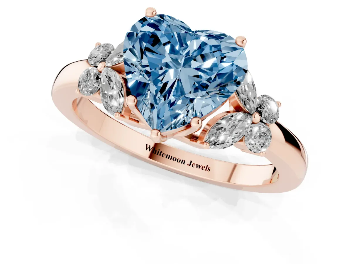 Fancy Blue Heart Cut Cut Solitaire Floral Diamond Ring with Four-Prong Setting Rose gold
