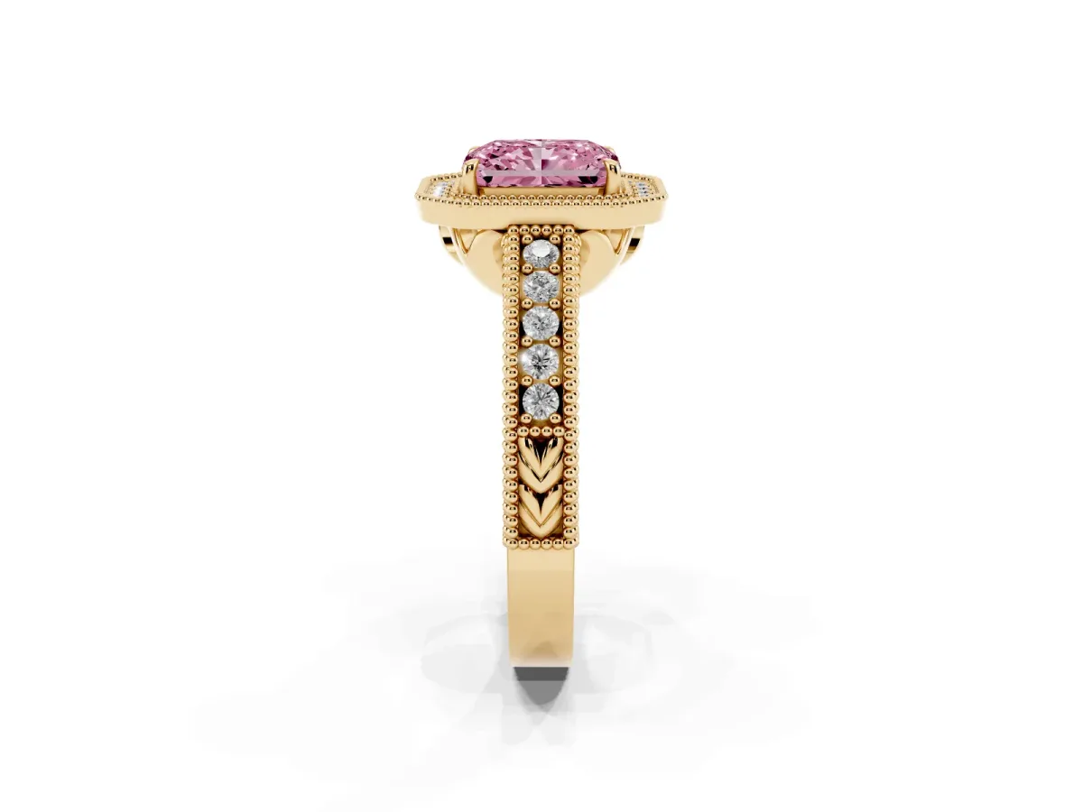 Fancy Pink Radiant Cut Cut Halo Diamond Ring with Pavé Band and Four-Prong Setting Yellow gold