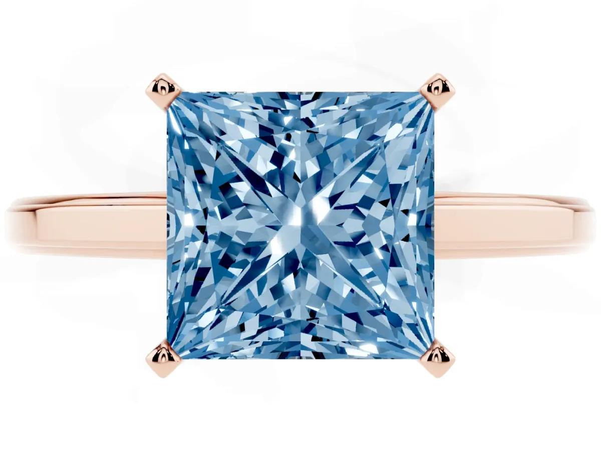 Fancy Blue Princess Cut Solitaire Diamond Ring with Four-Prong Setting and Classic Band Rose gold