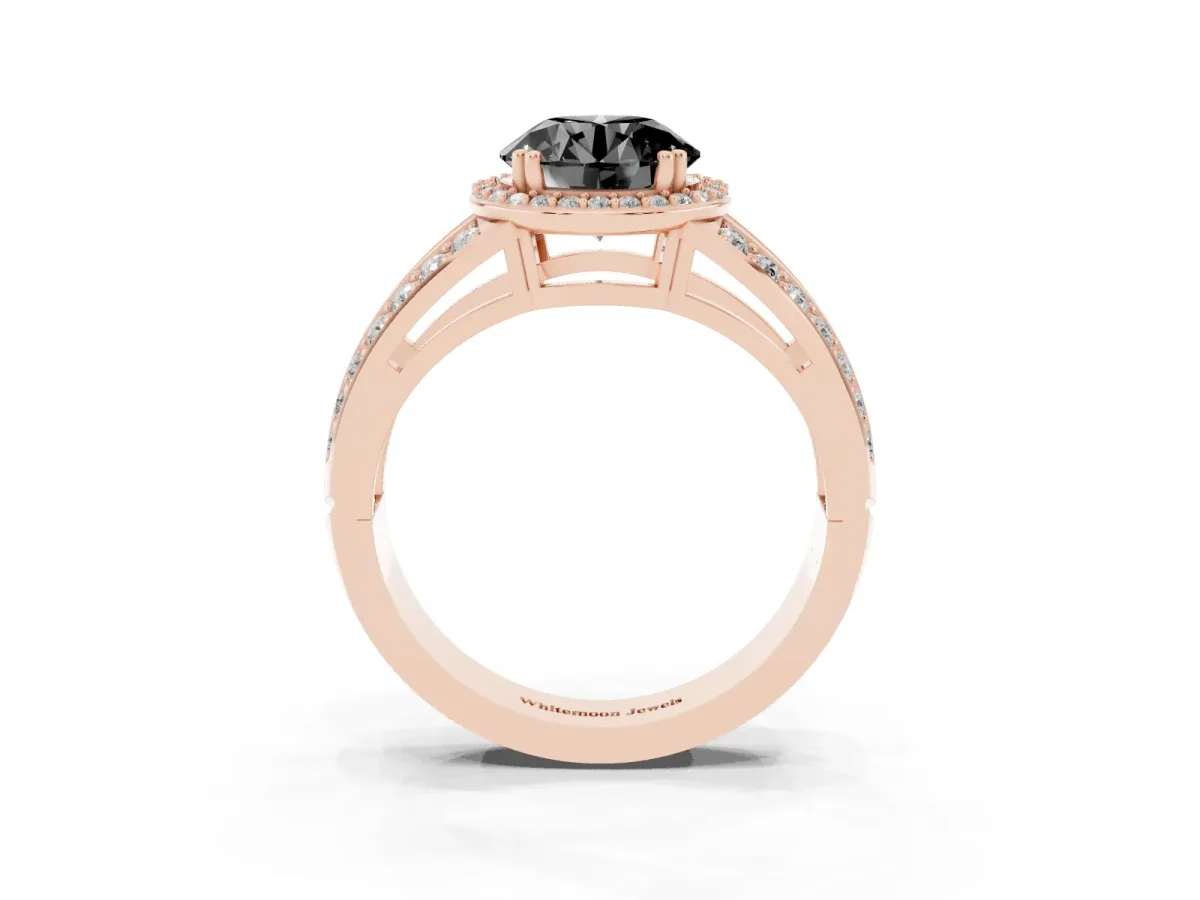 Fancy Black Round Cut Diamond Halo Ring with Split Shank Pavé Band and Four-Prong Setting Rose gold