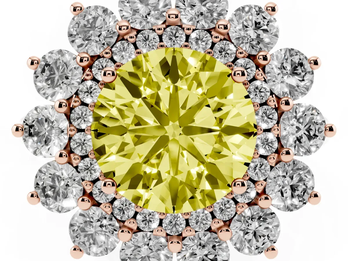 Fancy Yellow Round Cut Diamond Floral Double Halo Engagement Ring with Prong Setting Rose gold